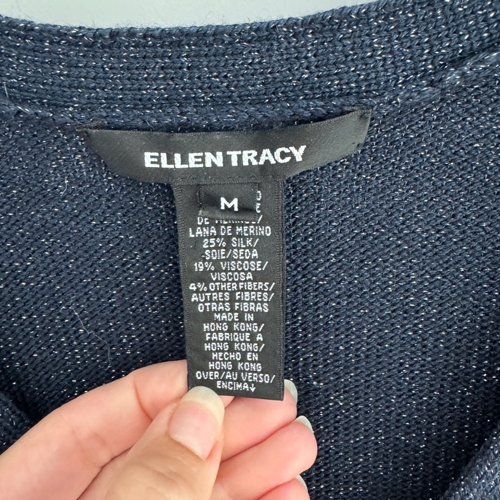 Ellen Tracy Navy Sparkle Metallic V-Neck Sweater - Medium Size Medium - Picture 2 of 5